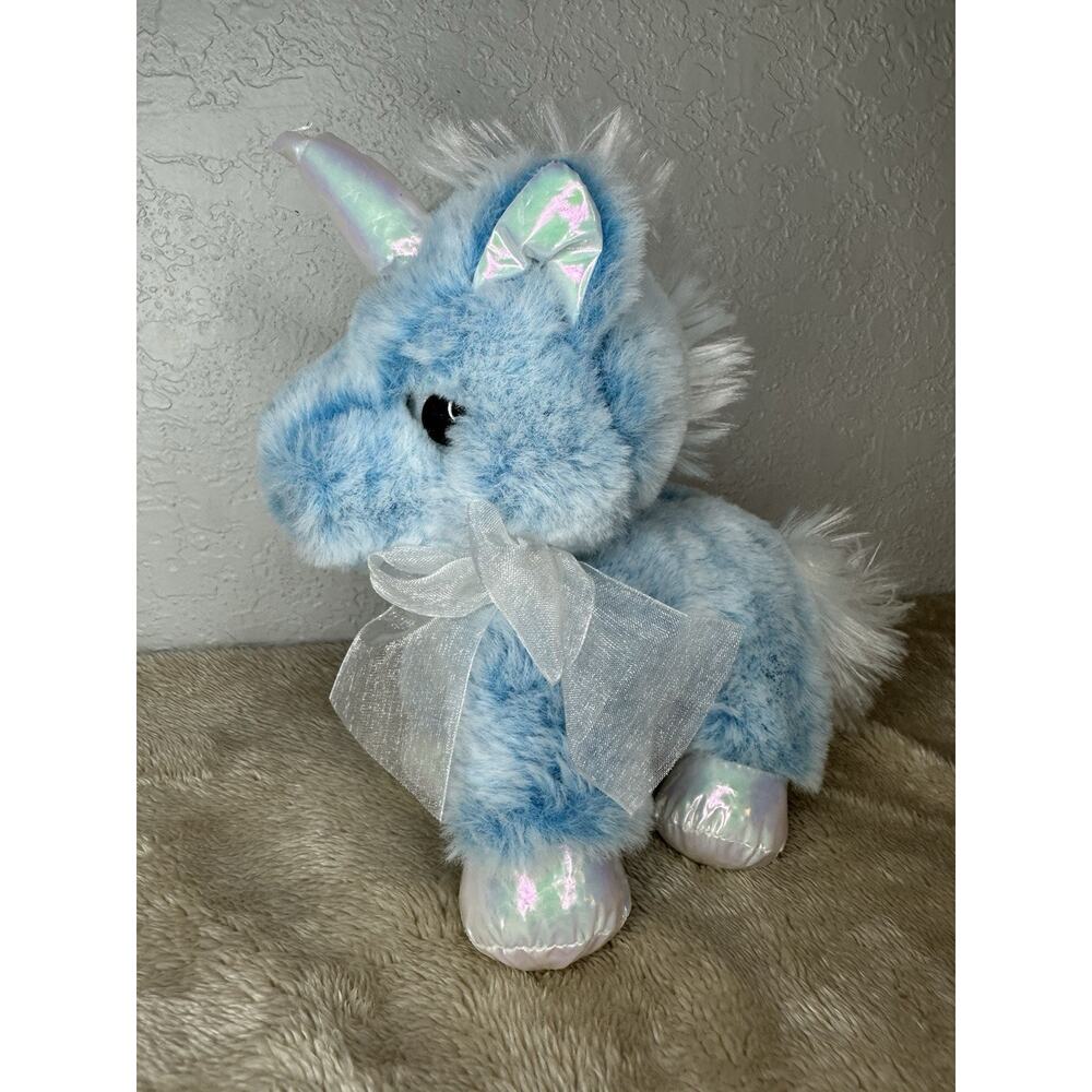 MTY Plush Unicorn Stuffed Shiny Horn Feet Blue 7” Glitter Eyes White Bow